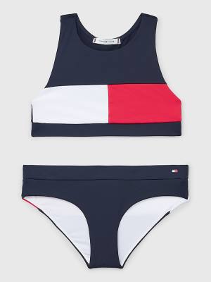 Girls' Tommy Hilfiger Colour-Blocked Crop Top Bikini Set Swimwear Blue | TH916PTZ