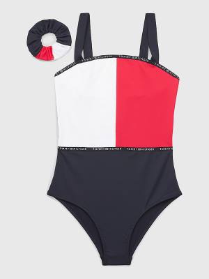 Girls' Tommy Hilfiger Colour-Blocked One-Piecesuit Swimwear Blue | TH893CRZ