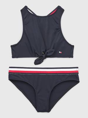 Girls' Tommy Hilfiger Signature Tape Crop Top Bikini Set Swimwear Blue | TH472DNV
