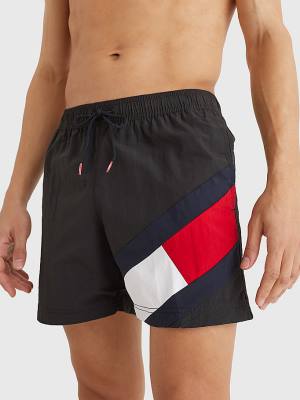Men's Tommy Hilfiger Flag Mid Length Drawstring Shorts Swimwear Black | TH123WQK