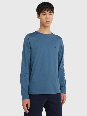 Men's Tommy Hilfiger Logo Long Sleeve T Shirts Blue | TH245OIX