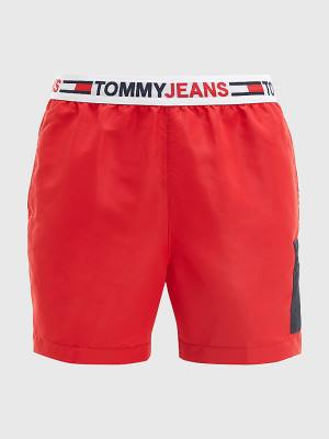 Men's Tommy Hilfiger Logo Waistband Mid Length Shorts Swimwear Red | TH052DRE