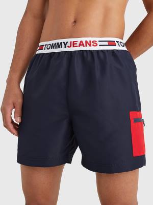 Men's Tommy Hilfiger Logo Waistband Mid Length Shorts Swimwear Blue | TH298ATM
