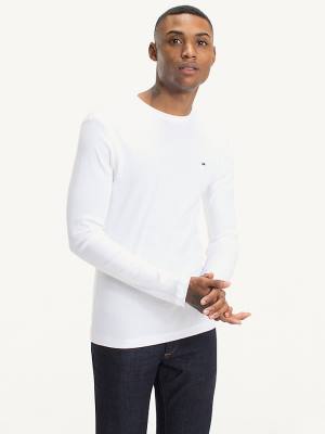 Men's Tommy Hilfiger Long Sleeved Ribbed Organic Cotton T Shirts White | TH435BQO