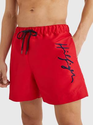 Men's Tommy Hilfiger Mid Length Signature Logo Shorts Swimwear Red | TH025MXI