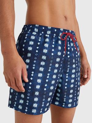 Men's Tommy Hilfiger Print Drawstring Mid Length Shorts Swimwear Blue | TH607EYU