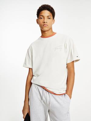 Men's Tommy Hilfiger Signature Recycled Cotton T Shirts White | TH506RPQ