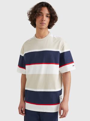 Men's Tommy Hilfiger Stripe Organic Cotton T Shirts Beige | TH613XQO