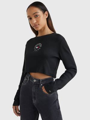Women's Tommy Hilfiger Cropped Logo Embroidery Long Sleeve T Shirts Black | TH571VPG
