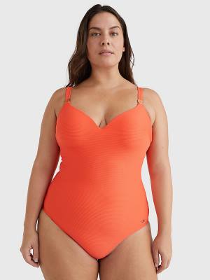 Women's Tommy Hilfiger Curve Ribbed One Piecesuit Swimwear Red | TH479EZA