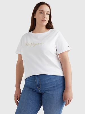 Women's Tommy Hilfiger Curve Tonal Script Logo Organic Cotton T Shirts White | TH681KIM