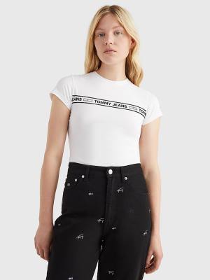 Women's Tommy Hilfiger Cut Out Logo Tape Bodysuit T Shirts White | TH683JVW