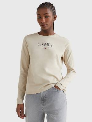 Women's Tommy Hilfiger Essential Logo Long Sleeve T Shirts Beige | TH845ZXR
