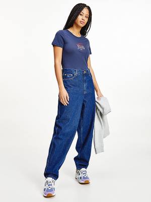 Women's Tommy Hilfiger Essential Logo Skinny Fit T Shirts Blue | TH941REA