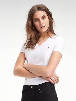 Women's Tommy Hilfiger Heritage V-Neck T Shirts White | TH918XNP
