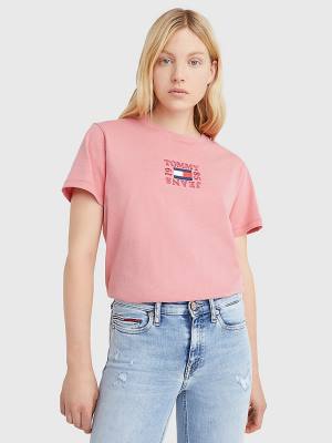 Women's Tommy Hilfiger Logo Relaxed Fit T Shirts Pink | TH749HCL