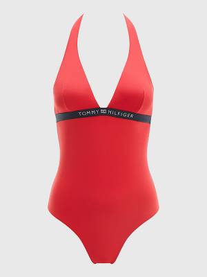 Women's Tommy Hilfiger Logo Waistband Padded One Piecesuit Swimwear Red | TH463ZOS