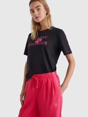 Women's Tommy Hilfiger Organic Cotton Floral Print T Shirts Black | TH185QWD