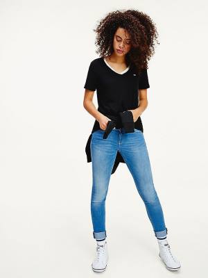 Women's Tommy Hilfiger Organic Cotton V-Neck Slim Fit T Shirts Black | TH341FOH
