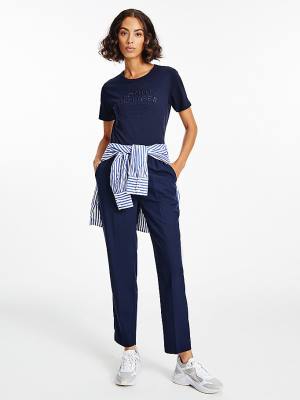 Women's Tommy Hilfiger Pure Organic Cotton Embroidery T Shirts Blue | TH125LFR