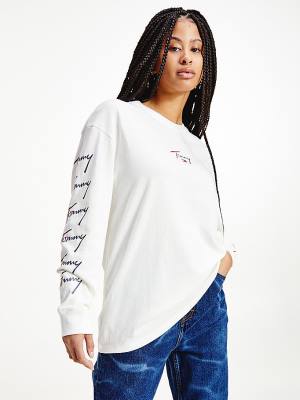 Women's Tommy Hilfiger Relaxed Fit Long Sleeve Ombre T Shirts White | TH137PET