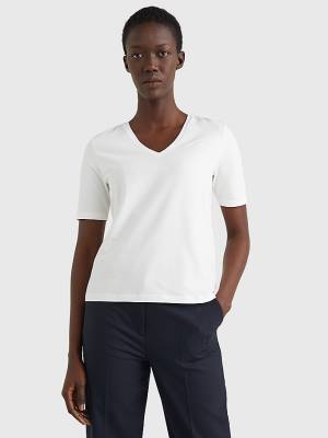 Women's Tommy Hilfiger Relaxed Fit V-Neck Monogram T Shirts White | TH864PAN