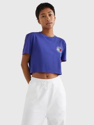 Women's Tommy Hilfiger Smiley Logo Cropped T Shirts Purple | TH750HEL