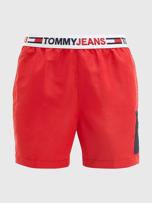 Men\'s Tommy Hilfiger Logo Waistband Mid Length Shorts Swimwear Red | TH052DRE