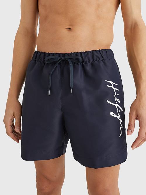 Men\'s Tommy Hilfiger Mid Length Signature Logo Shorts Swimwear Blue | TH204HIW