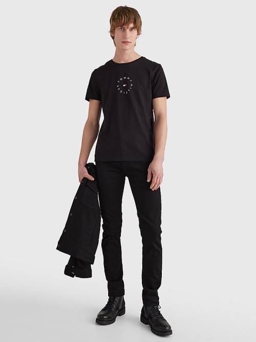 Men's Tommy Hilfiger Organic Cotton Round Logo T Shirts Black | TH649NDB
