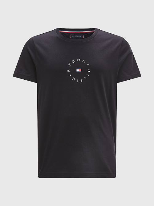 Men's Tommy Hilfiger Organic Cotton Round Logo T Shirts Black | TH649NDB