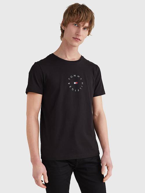 Men\'s Tommy Hilfiger Organic Cotton Round Logo T Shirts Black | TH649NDB