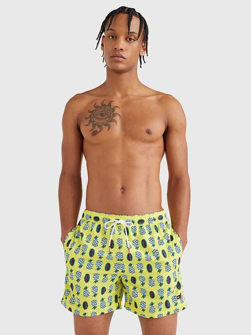 Men's Tommy Hilfiger Print Drawstring Mid Length Shorts Swimwear Yellow | TH804JLG