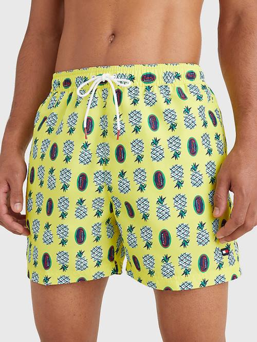 Men\'s Tommy Hilfiger Print Drawstring Mid Length Shorts Swimwear Yellow | TH804JLG