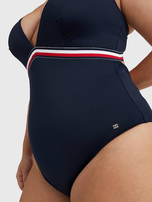 Women's Tommy Hilfiger Curve Signature Tape One Piecesuit Swimwear Blue | TH956DQF