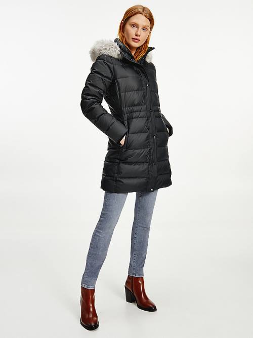 Women\'s Tommy Hilfiger Essential Down-Filled Faux Fur Trim Coat Jackets Black | TH206CVN
