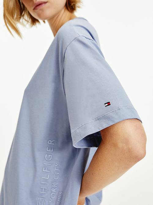 Women's Tommy Hilfiger Logo Embroidery Relaxed Fit T Shirts Blue | TH139LOW