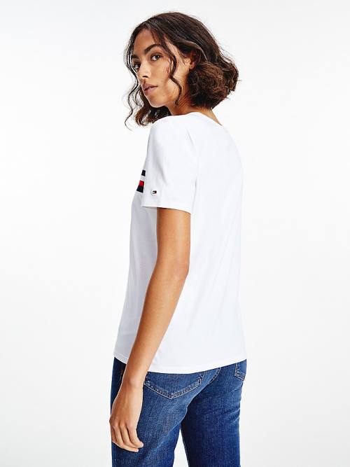 Women's Tommy Hilfiger Signature Tape Crew Neck T Shirts White | TH760HAQ