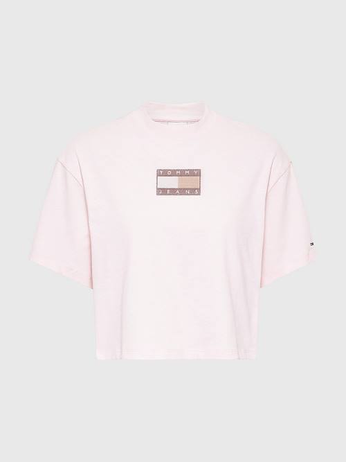 Women's Tommy Hilfiger Tonal Logo Cropped T Shirts Pink | TH809OTF