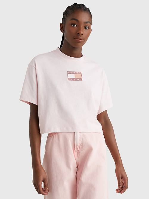 Women\'s Tommy Hilfiger Tonal Logo Cropped T Shirts Pink | TH809OTF